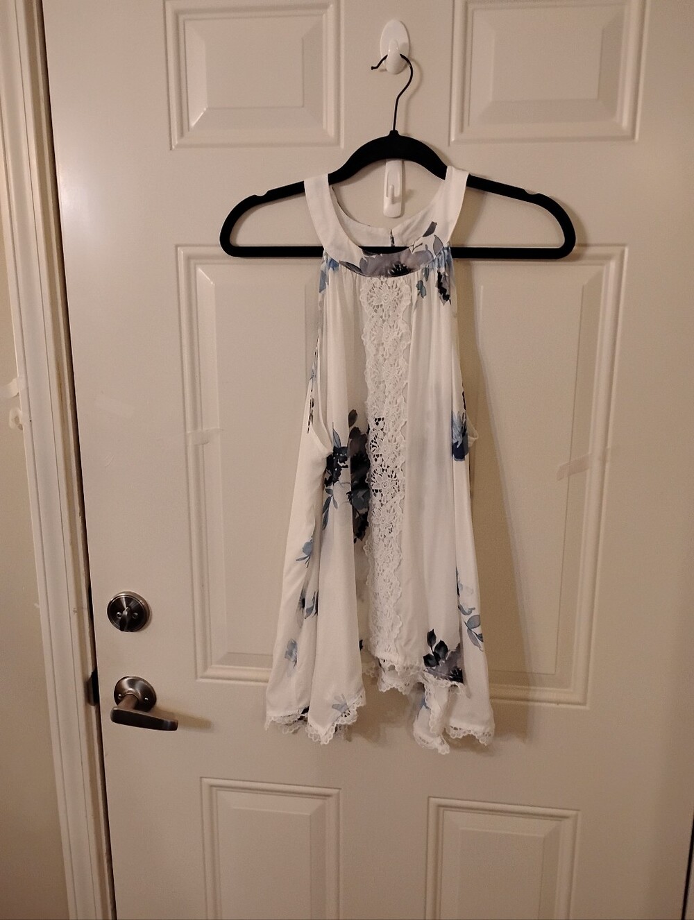 Cato White Floral Lace Halter Tank Top with Blue Accents